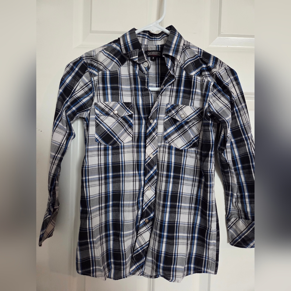 Boys Blue, Black and White Plaid Shirt.